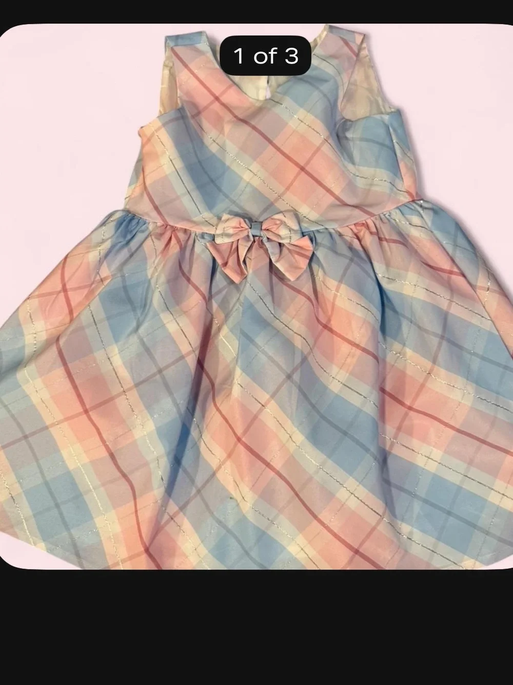 Tahari Girls Pastel Plaid V-Neck Dress in Blue, Peach & Cream